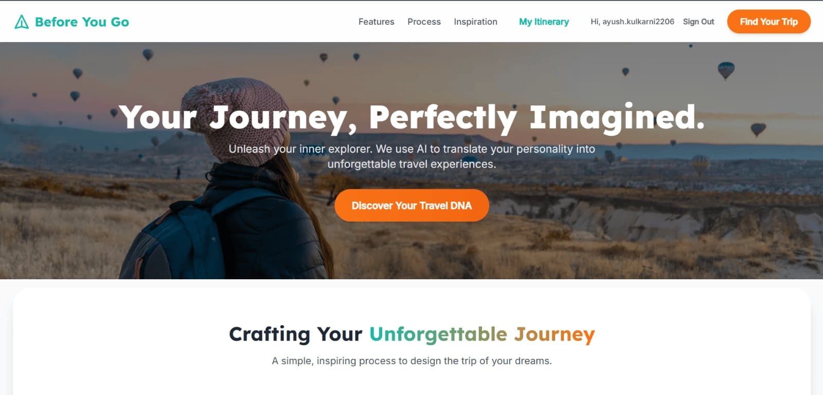 Homepage of the Before You Go AI travel planner